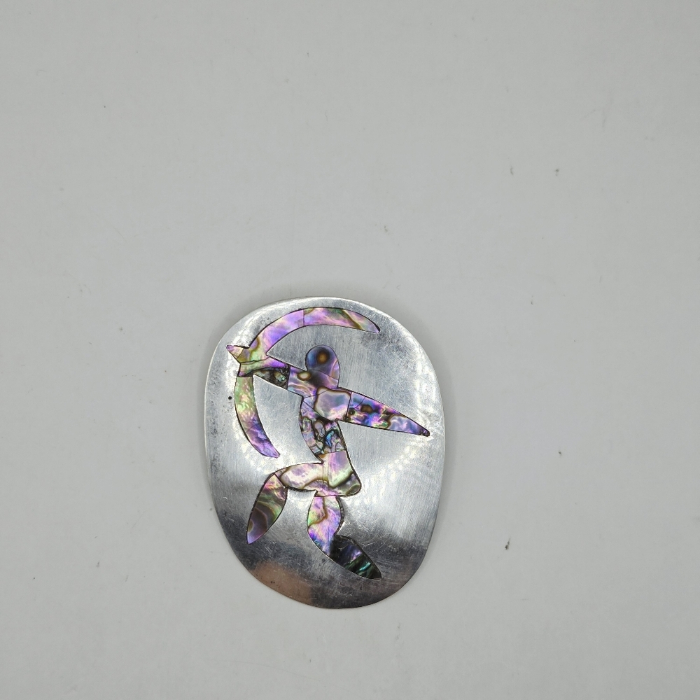 VTG 925 Sterling Silver Hecho Mexico Abalone Shell Archer Hunter Brooch Pendant